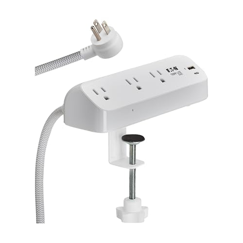 Eaton Tripp Lite Series Desk Clamp Power Strip Surge Protector, 3-Outlets, USB-A & USB-C Charging Ports, 900 Joules, 8ft Braided Flat Extension Cord, Lifetime Manufacturer's Warranty (TLP308U20CLAMP) - color: White (USB-A + USB-C), size: 3 Outlets