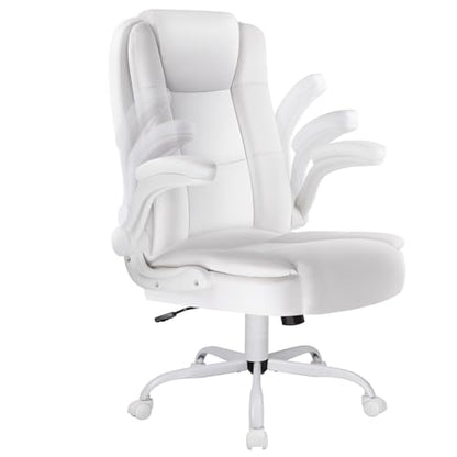 LEMBERI Flip-up Arms Office Desk Chair, Big and Tall Managerial Executive Chair, High Back Computer Chair, Ergonomic Adjustable Height PU Leather Chairs with Cushions Armrest for Long Time Sitting - color: New White