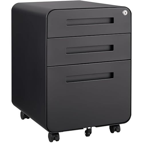 GarveeHome 3 Drawer Mobile File Cabinet with Lock, Under Desk Metal Filing Cabinet for Home Office, Under Desk Storage with 5 Wheels for A4/Letter/Legal Size, Fully Assembled - color: Matte Black