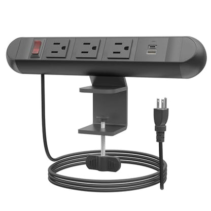 FOH Aluminum Desk Clamp Power Strip, 3 Port Clamp 1875W, 6FT Cable | Multi-Contact USB Power, Power Socket Surge Protector with Switch, 3 in 1 Desk Stand with 3CA, with USB-A & USB-C, Round - size: Round