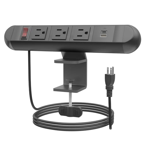 FOH Aluminum Desk Clamp Power Strip, 3 Port Clamp 1875W, 6FT Cable | Multi-Contact USB Power, Power Socket Surge Protector with Switch, 3 in 1 Desk Stand with 3CA, with USB-A & USB-C, Round - size: Round