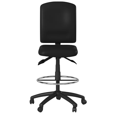 Benzara Reza Swivel Drafting Stool, Footring, Black Faux Leather, Contoured