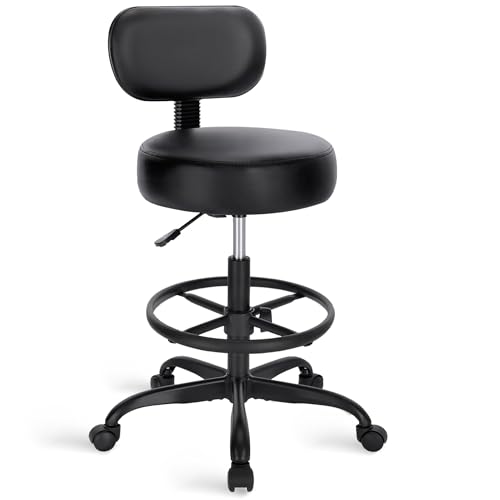 SUPERJARE Drafting Chair with Backrest, Adjustable Foot Rest Rolling Stool | Multi-Purpose Shop Stool, Drafting Stool, Office Desk Chair,Bar Stools with Thick Seat Cushion for Home Bar Kitchen,All Black - color: All Black