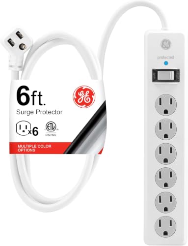 GE Surge Protector Power Strip,6 Ft Extension Cord,6 Outlet Extender,800 Joules,Flat Plug,Twist-to-Close Safety Covers,ETL Listed,White,67051,(Pack of 10) - color: White, size: 6 Ft (Pack of 10), style: 1 Pack