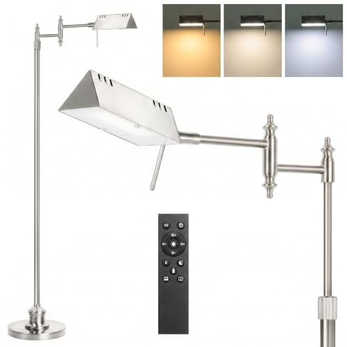 Bairth Brushed Nickel Reading Floor Lamp,Rotatable Pharmacy Standing Lamp | 90°Rotatable Lamp Head 3 Color Temperature, Dimmable, 17W LED, Height Adjustable, 360°Swing Arm, Living Room, Bedroom, Craft - color: Brushed Nickel Upgraded