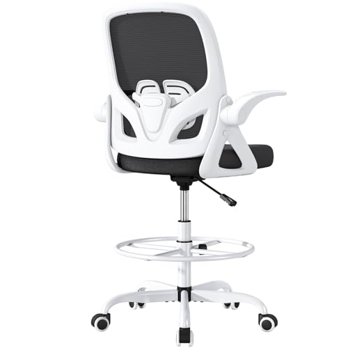 ORRSAKER Drafting Chair, Tall Office Chair with Flip-up Arms, Mesh Ergonomic Computer Standing Desk Chair with Adjustable Height Foot Ring and Lumbar Support, 300 LBS Capacity, White - color: White