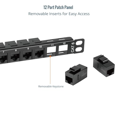 Tecmojo 12-Port Cat6 Patch Panel, 0.5U Rack Mount Modular Panel with Keystone Coupler, for 10" Server Rack & Network Cabinet, Gigabit Ethernet, Black - size: 12-Port Cat6 Patch Panel