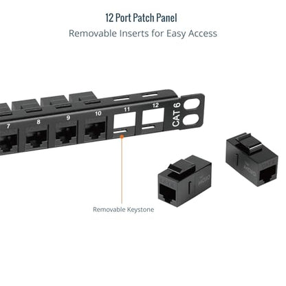 Tecmojo 12-Port Cat6 Patch Panel, 0.5U Rack Mount Modular Panel with Keystone Coupler, for 10" Server Rack & Network Cabinet, Gigabit Ethernet, Black - size: 12-Port Cat6 Patch Panel