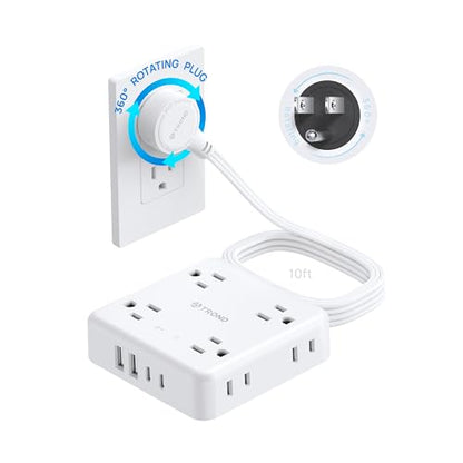 TROND 360° Rotating Flat Plug Power Strip 10ft, 8 AC & 4 USB (2U2C), White - color: White, size: 10FT, style: Rotating Plug-2U2C