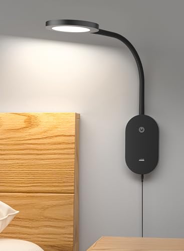 deeloop LED Wall Mounted Reading Light for Bed, Book Light for Wall Bedside Lamp with USB Output, 4 Hour Auto-Off Timer Lights，Eye-Caring Reading Lamp with 5 Dimmable 360° Rotation Headboard Light - color: Black