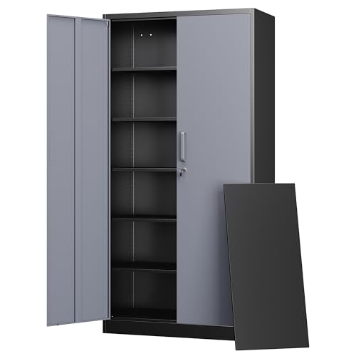 Letaya Metal Storage Cabinet with Lock Door and 5 Shelves,6 Tier Steel Garage Tool Cabinet for Home Office Utility Room 72" H X 36" W X18 D (Black Gray) - color: Black Grey, size: 72 X 36 X 18 In(H X W X D)