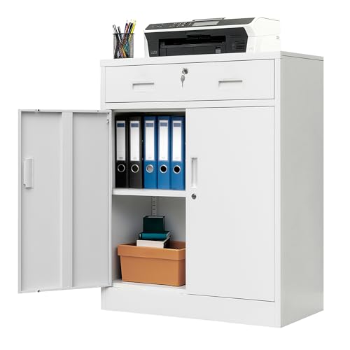 CMY Metal Storage Cabinet, Locking Storage Cabinet with 1 Drawer and Adjustable Shelf, 36.2" H x 28" W x 16" D Metal Cabinet for Office, Garage, Home-White - color: White-1 Drawer, size: 36" H