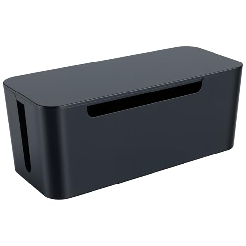Eichzer Cable Management Box with Lid, Three Entry/Exit Slots, Black | Large Cord Organizer, Plastic Power Strip Cover, Hide Surge Protector on Desk & Floor, for TV Computer Home Router Office