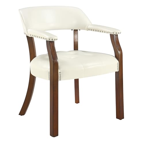 LEEMTORIG Faux Leather Dining Chair with Arms, Solid Wood Dining Chair with Supportive Back, Game Poker Table Chairs, Boss Caption's Chairs Office Desk Chairs, Cherry Walnut Legs & Ivory PU NX173C - color: Cherry Walnut Legs & Ivory Pu, size: Set of 1