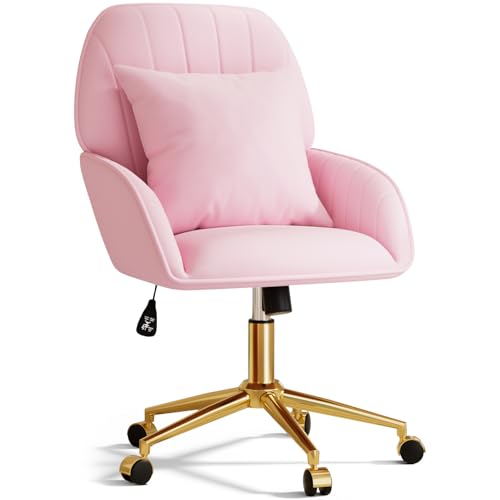 Pink Velvet Desk Chair with Pillow, Upholstered Home Office Desk Chair Makeup Vanity Chair with Swivel Wheels, Ergonomic Office Chair Computer Task Chair for Living Room, Bedroom - color: Pink