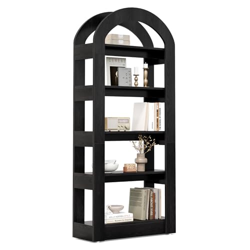 LITTLE TREE 5-Tier Bookshelf, Arch-Shaped Racks, Tall Standing Wooden Bookcase Display Shelf Modern Storage Solution (1, Black) - color: Black, size: 1