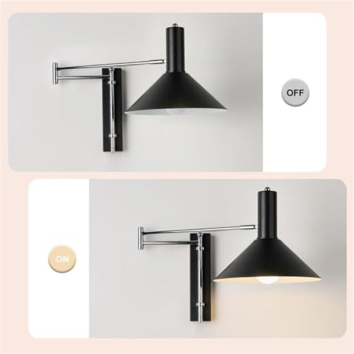 Modern Industrial Black Conical Shade Wall Sconce Minimalist Adjustable Swing Arm Lamp Chrome Metal Accent Mount Light Fixture for Bedroom Living