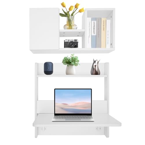 Floating Desk, 24" Wall Mounted Folding Desk with Bookshelf Folding Wall Desks Space Saving Workstation with Storage Shelves for Home Office Bedroom Study Room Small Space - color: White
