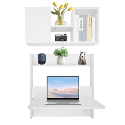 Floating Desk, 24" Wall Mounted Folding Desk with Bookshelf Folding Wall Desks Space Saving Workstation with Storage Shelves for Home Office Bedroom Study Room Small Space - color: White