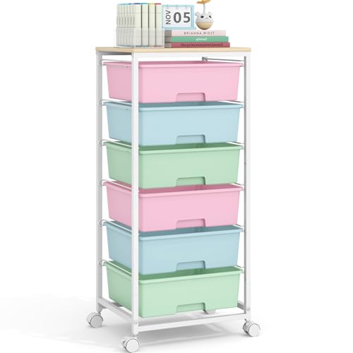 6 Drawer Rolling Storage Cart with Wooden Top and Wheels for Craft Rainbow - color: Rainbow