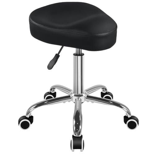 WKWKER Saddle Stool Height Adjustable Rolling Stool with Wheels 360 Swivel Drafting Chair PU Leather Saddle seat for Home Office Lab Drafting Counter Kitchen Salon Barber Shop Vanity Desk (Black)