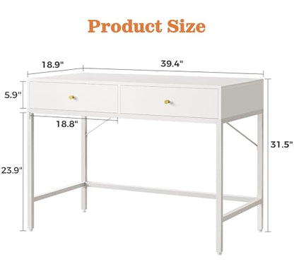 SUPERJARE 39.4" White Desk with 2 Drawers, Modern Makeup Vanity Desk - color: White, size: 39.4 inch