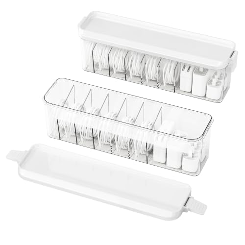 2 Pack Cable Organizer Box with Lid, Charge Cord Storage Organizer | Stackable Cable Storage Box, Fixed Dividers, No Cable Ties, Clear Dustproof Wire Management for Home Office Electronics