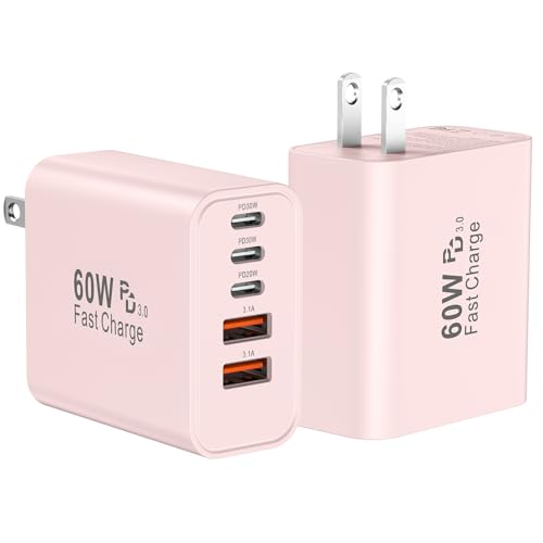 USB C Fast Wall Charger Block, 2Pack 60W USBC Charging Cubes, 5-Port PD+QC Power Adapter Multiport Brick Type C Box Plug for Phone 17/16/15/14/13/12/11/Pro Max/Plus, Pad Mini/Pro/S25/S24-Pink - color: Pink