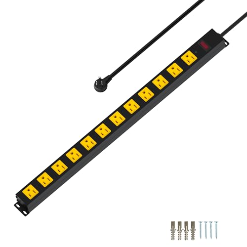 Metal 12 Outlet Mountable Power Strip, 2100J Surge Protector with Heavy Duty 10ft Extension Cord, Wide Spaced and Wall Mount Metal Powerstrip for Garage, Desk, Industrial, Shop and Indoor (10ft) - size: 10ft
