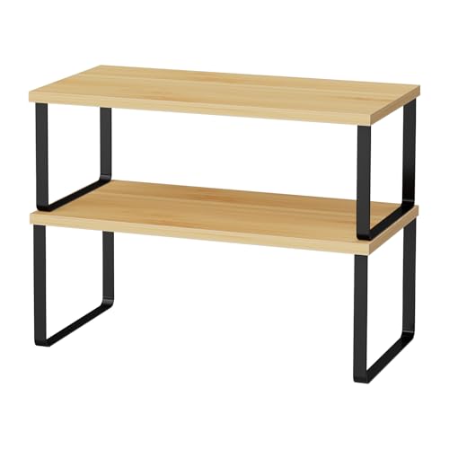 OGEMXU Cabinet Shelf Organizers, 15.7 inches Large Kitchen Counter Shelf, Set of 2 Wood Kitchen Pantry Organizer, Storage Shelves for Countertop, Spice Rack, Stackable, Expandable, Metal Black, Nature - color: Black and Natural Beige, size: 2pcs 7.8" D x