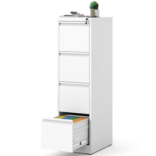 4 Drawer File Cabinet with Lock, 18" D Metal Vertical Filing Cabinets, Steel File Storage Cabinets for Home Office, Hanging A4 Legal/Letter Size Narrow File Cabinet, Assembly Required - color: White, size: 4 Drawers