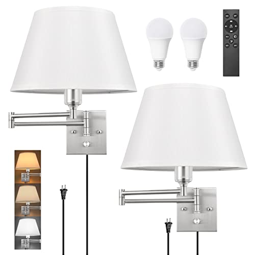 TRLIFE Dimmable Wall Sconce with Remote Control, Adjustable Color Temperature 2700K-6500K and Dimming 10-100% Swing Arm Wall Lights with Plug in Cord, 11.8" Large White Fabric Shade(2 Pack, 2 Bulbs) - color: White-Remote, size: Large