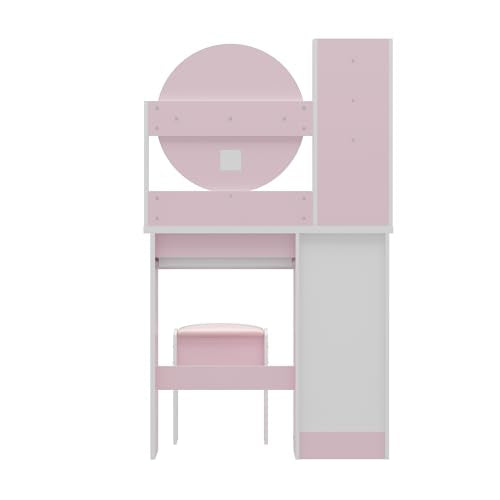 ECACAD Vanity Desk Set with Round Mirror, Makeup Dressing Table with 5 Drawers, Storage Shelves & Cushioned Stool for Bedroom, Pink - style: Pink-Without Light