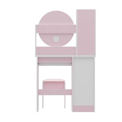 ECACAD Vanity Desk Set with Round Mirror, Makeup Dressing Table with 5 Drawers, Storage Shelves & Cushioned Stool for Bedroom, Pink - style: Pink-Without Light