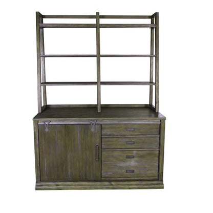 Pemberly Row Mid-Century Wood Computer Credenza, 54 in Wide, Rustic Saddle Brown Finish, Sliding Barn Door Design, Adjustable Shelves, File Drawer, Wire Management, Home Office Storage Cabinet
