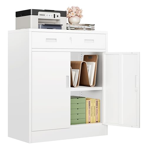CJF Metal Storage Cabinet, Locking Storage Cabinet with 1 Drawer and Adjustable Shelf, 36" H x 28" W x 16" D White Metal Cabinets for Office, Home, Garage - color: White, size: 36"H - 1 DRAWER