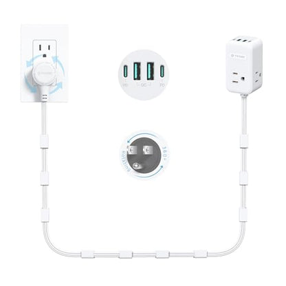 TROND Electrical Outlet Extender 360° Rotating Plug with 20W USB C, 6ft | Long Extension Cord, Wall Plug Adapter with 3 AC Outlets, Access Hard-to-Reach Outlets Use Behind Couches, Desk, White - size: 6 FT 360° Rotating Plug