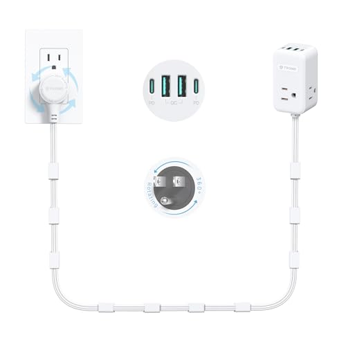 TROND Electrical Outlet Extender 360° Rotating Plug with 20W USB C, 6ft | Long Extension Cord, Wall Plug Adapter with 3 AC Outlets, Access Hard-to-Reach Outlets Use Behind Couches, Desk, White - size: 6 FT 360° Rotating Plug