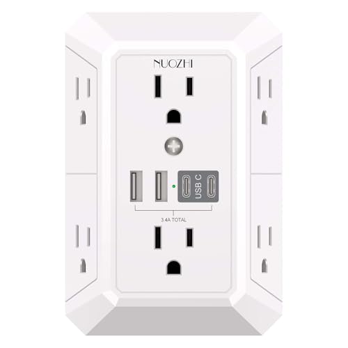 Outlet Extender Surge Protector - NUOZHI 6 Outlet Splitter with 4 USB Ports(2 USB-C), Multi Plug Wall Outlet 1680J Power Strip for Home Office Dorm Room Essentials, ETL, White - color: White(Non-Night Light), size: 6 Outlets