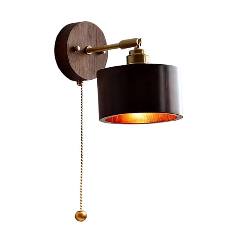 Wood Wall Sconce with Pull Chain Adjustable Swing Arm Natural Or Walnut Wood Cylinder Shade Brass Accent Wall Lamp for Bedroom Living Room Hallway Reading Nook(Walnut) - color: Walnut