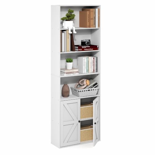 Furinno Farmhouse 6-Tier Book Shelf with Doors, Bookshelf, White | 9.3 x 12 x 68.9, Display Bookcase with Doors, for Organization and Storage, Home Office, Living Room, Bedroom - color: White, size: 6-Tier, Double Door