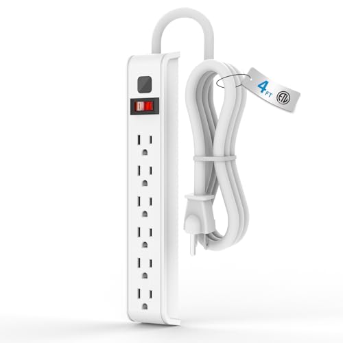 TiFFCOFiO Surge Protector Power Strip, 4 Feet Extension Cord, 600 Joules Surge Protection, Multiple Protection 6 Outlet Strip, 14 AWG Cord, 15A/1875W, ETL Listed - size: 4 ft, style: 1 PACK