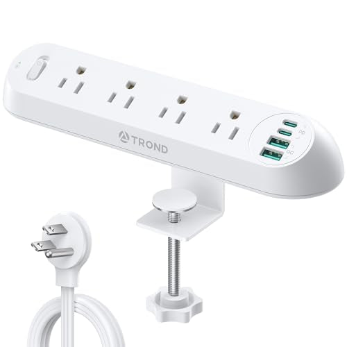TROND Desk Clamp Power Strip 20W USB C, 10ft, 1700J, ETL Listed | Surge Protector with 4 Outlets 4 USB Ports, Flat Plug, Fits 1.97 inch Tabletop Edge, for Home Office Accessories, White - color: White, size: 10FT (4 Outlets & 4 USB Ports)