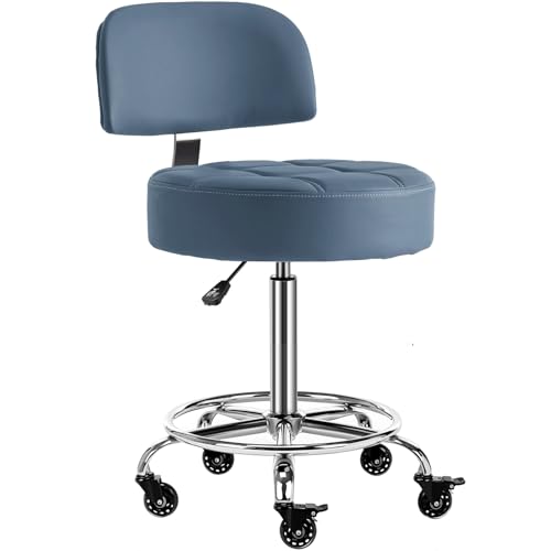 Lockable Stool with Back and Foot Rest Ergonomic Rolling Hydraulic Adjustable Stool for Doctor Esthetician Artist Home Small Office Desk (Blue, 19.5''-24.5'') - color: Blue, size: Seat height 19.5-24.5inch