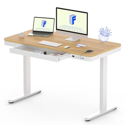 FLEXISPOT Comhar 48" Electric Standing Desk with Drawers, USB Charging Ports, Quick Assembly, Height Adjustable Sit Stand Computer Desk with Child Lock for Scandinavian Home Office, Maple - size: 48"Maple/White