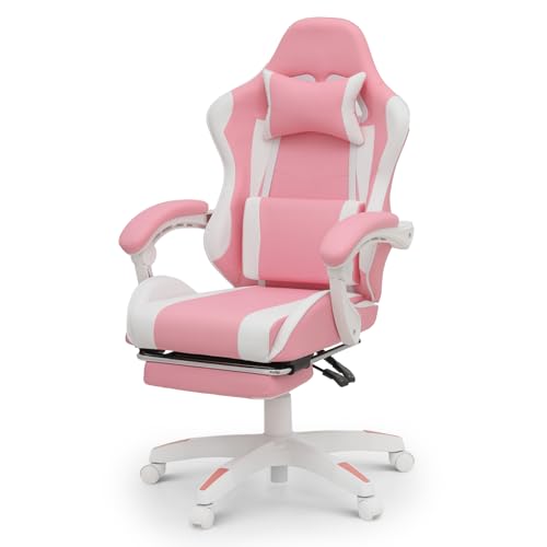 Athena Collection Ergonomic Gaming Chair with Footrest & Headrest Lumbar Support, Height Adjustable Swivel Office Chair Leather High Back Computer Desk Chair Reclining Chair for Adults, Pink