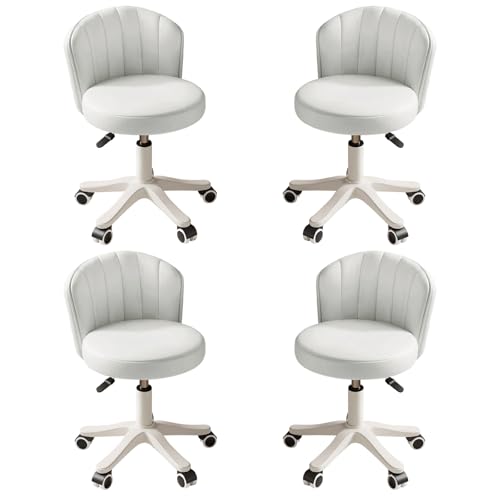 Small Round Rolling Desk Chair Armless Comfy Vanity Computer Chair with Low Backrest PU Leather Height Adjustable Swivel Work Spa Chair - color: White, style: Set of 4 with backrest