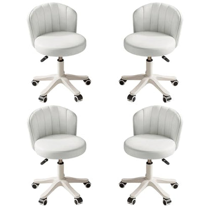 Small Round Rolling Desk Chair Armless Comfy Vanity Computer Chair with Low Backrest PU Leather Height Adjustable Swivel Work Spa Chair - color: White, style: Set of 4 with backrest