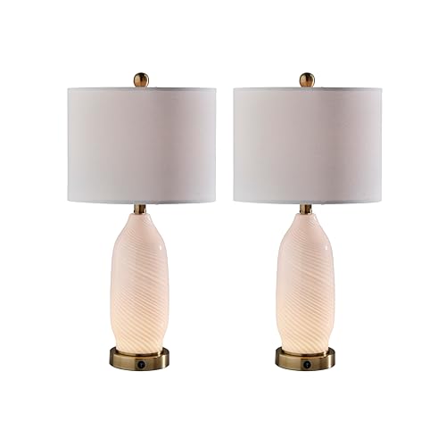 Adesso Table Lamp Set of 2 with USB Ports and AC Outlet, Dual-Light Lamp with LED Night Light Base for Bedroom and Living Room Decor, 24” Tall - color: White