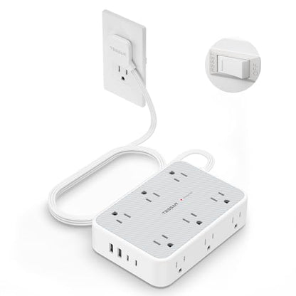 TESSAN Surge Protector Power Strip, 10FT Flat Extension Cord | 12 Outlet Extender with 4 USB (2 USB-C), Flat Plug Power Strip, 1800J Surge Protection, Office, Dorm Essentials, Gray - size: 10 FT